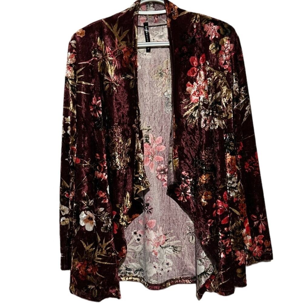 Rags‎ & Couture Women's Floral Burgundy Gold Pink Shiny Velvet Open Front Size M
